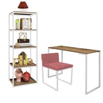 Kit Escritório Ravi 1 Cadeira Suede Rose com 1 Mesa e 1 Livreiro Ferro Branco MDF Imbuia - Ahazzo Móveis