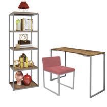 Kit Escritório Ravi 1 Cadeira Suede Rose com 1 Mesa e 1 Livreiro Ferro Prata MDF Imbuia - Ahazzo Móveis