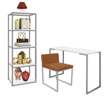 Kit Escritório Ravi 1 Cadeira Suede Terracota com 1 Mesa e 1 Livreiro Ferro Cinza MDF Branco - Ahazzo Móveis