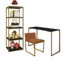 Kit Escritório Ravi 1 Cadeira Suede Terracota com 1 Mesa e 1 Livreiro Ferro Dourado MDF Preto - Ahazzo Móveis