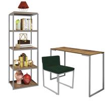 Kit Escritório Ravi 1 Cadeira Suede Verde com 1 Mesa e 1 Livreiro Ferro Prata MDF Imbuia - Ahazzo Móveis