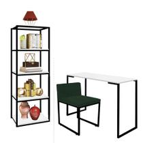 Kit Escritório Ravi 1 Cadeira Suede Verde com 1 Mesa e 1 Livreiro Ferro Preto MDF Branco - Ahazzo Móveis