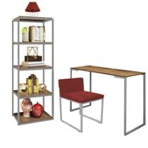 Kit Escritório Ravi 1 Cadeira Suede Vermelho com 1 Mesa e 1 Livreiro Ferro Prata MDF Carvalho - Ahazzo Móveis