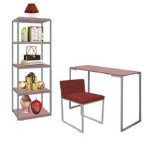 Kit Escritório Ravi 1 Cadeira Suede Vermelho com 1 Mesa e 1 Livreiro Ferro Prata MDF Rose Rosa - Ahazzo Móveis