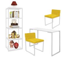 Kit Escritório Ravi 2 Cadeiras Suede Amarelo com 1 Mesa e 1 Livreiro Ferro Branco MDF Branco - Ahazzo Móveis