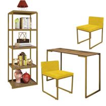 Kit Escritório Ravi 2 Cadeiras Suede Amarelo com 1 Mesa e 1 Livreiro Ferro Dourado MDF Imbuia - Ahazzo Móveis