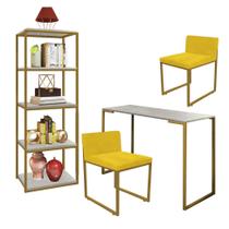 Kit Escritório Ravi 2 Cadeiras Suede Amarelo com 1 Mesa e 1 Livreiro Ferro Dourado MDF Marmorizado Cinza - Ahazzo Móveis