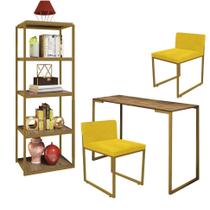 Kit Escritório Ravi 2 Cadeiras Suede Amarelo com 1 Mesa e 1 Livreiro Ferro Dourado MDF Rústico - Ahazzo Móveis
