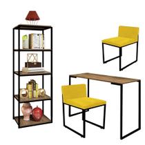 Kit Escritório Ravi 2 Cadeiras Suede Amarelo com 1 Mesa e 1 Livreiro Ferro Preto MDF Imbuia - Ahazzo Móveis