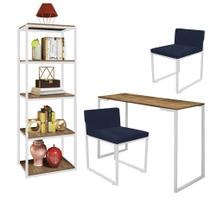 Kit Escritório Ravi 2 Cadeiras Suede Azul Marinho com 1 Mesa e 1 Livreiro Ferro Branco MDF Imbuia - Ahazzo Móveis