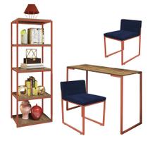 Kit Escritório Ravi 2 Cadeiras Suede Azul Marinho com 1 Mesa e 1 Livreiro Ferro Bronze MDF Caramelo - Ahazzo Móveis