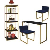 Kit Escritório Ravi 2 Cadeiras Suede Azul Marinho com 1 Mesa e 1 Livreiro Ferro Dourado MDF Preto - Ahazzo Móveis