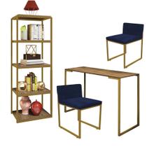 Kit Escritório Ravi 2 Cadeiras Suede Azul Marinho com 1 Mesa e 1 Livreiro Ferro Dourado MDF Rústico - Ahazzo Móveis