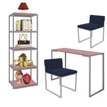 Kit Escritório Ravi 2 Cadeiras Suede Azul Marinho com 1 Mesa e 1 Livreiro Ferro Prata MDF Rose Rosa - Ahazzo Móveis