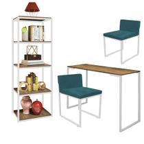 Kit Escritório Ravi 2 Cadeiras Suede Azul Turquesa com 1 Mesa e 1 Livreiro Ferro Branco MDF Castanho - Ahazzo Móveis