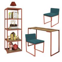 Kit Escritório Ravi 2 Cadeiras Suede Azul Turquesa com 1 Mesa e 1 Livreiro Ferro Bronze MDF Demolição - Ahazzo Móveis