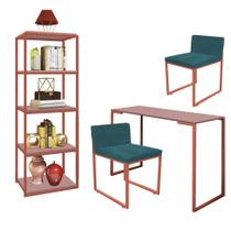 Kit Escritório Ravi 2 Cadeiras Suede Azul Turquesa com 1 Mesa e 1 Livreiro Ferro Bronze MDF Rose Rosa - Ahazzo Móveis