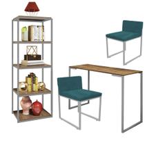 Kit Escritório Ravi 2 Cadeiras Suede Azul Turquesa com 1 Mesa e 1 Livreiro Ferro Cinza MDF Caramelo - Ahazzo Móveis