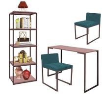 Kit Escritório Ravi 2 Cadeiras Suede Azul Turquesa com 1 Mesa e 1 Livreiro Ferro Marrom MDF Rose Rosa - Ahazzo Móveis