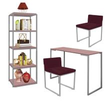 Kit Escritório Ravi 2 Cadeiras Suede Bordô com 1 Mesa e 1 Livreiro Ferro Prata MDF Rose Rosa - Ahazzo Móveis