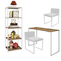 Kit Escritório Ravi 2 Cadeiras Suede Branco com 1 Mesa e 1 Livreiro Ferro Branco MDF Carvalho - Ahazzo Móveis