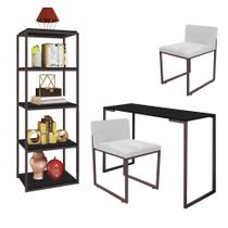 Kit Escritório Ravi 2 Cadeiras Suede Branco com 1 Mesa e 1 Livreiro Ferro Marrom MDF Preto - Ahazzo Móveis