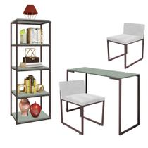 Kit Escritório Ravi 2 Cadeiras Suede Branco com 1 Mesa e 1 Livreiro Ferro Marrom MDF Verde Oliva - Ahazzo Móveis