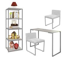 Kit Escritório Ravi 2 Cadeiras Suede Branco com 1 Mesa e 1 Livreiro Ferro Prata MDF Marmorizado Cinza - Ahazzo Móveis