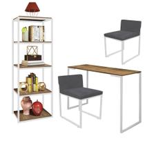 Kit Escritório Ravi 2 Cadeiras Suede Cinza com 1 Mesa e 1 Livreiro Ferro Branco MDF Imbuia - Ahazzo Móveis