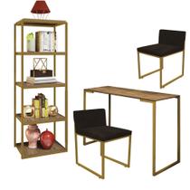 Kit Escritório Ravi 2 Cadeiras Suede Marrom com 1 Mesa e 1 Livreiro Ferro Dourado MDF Castanho - Ahazzo Móveis