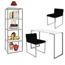 Kit Escritório Ravi 2 Cadeiras Suede Preto com 1 Mesa e 1 Livreiro Ferro Prata MDF Branco - Ahazzo Móveis