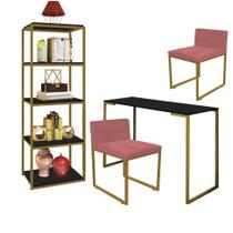 Kit Escritório Ravi 2 Cadeiras Suede Rose com 1 Mesa e 1 Livreiro Ferro Dourado MDF Preto - Ahazzo Móveis