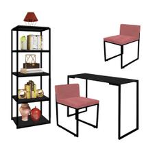 Kit Escritório Ravi 2 Cadeiras Suede Rose com 1 Mesa e 1 Livreiro Ferro Preto MDF Preto - Ahazzo Móveis