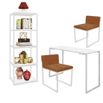 Kit Escritório Ravi 2 Cadeiras Suede Terracota com 1 Mesa e 1 Livreiro Ferro Branco MDF Branco - Ahazzo Móveis