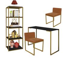 Kit Escritório Ravi 2 Cadeiras Suede Terracota com 1 Mesa e 1 Livreiro Ferro Dourado MDF Preto - Ahazzo Móveis