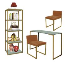 Kit Escritório Ravi 2 Cadeiras Suede Terracota com 1 Mesa e 1 Livreiro Ferro Dourado MDF Verde Oliva - Ahazzo Móveis