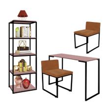 Kit Escritório Ravi 2 Cadeiras Suede Terracota com 1 Mesa e 1 Livreiro Ferro Preto MDF Rose Rosa - Ahazzo Móveis