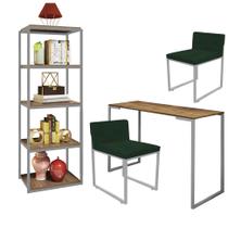 Kit Escritório Ravi 2 Cadeiras Suede Verde com 1 Mesa e 1 Livreiro Ferro Cinza MDF Caramelo - Ahazzo Móveis