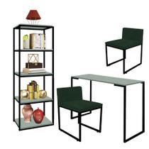 Kit Escritório Ravi 2 Cadeiras Suede Verde com 1 Mesa e 1 Livreiro Ferro Preto MDF Verde Oliva - Ahazzo Móveis