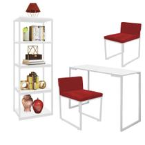 Kit Escritório Ravi 2 Cadeiras Suede Vermelho com 1 Mesa e 1 Livreiro Ferro Branco MDF Branco - Ahazzo Móveis