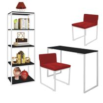 Kit Escritório Ravi 2 Cadeiras Suede Vermelho com 1 Mesa e 1 Livreiro Ferro Branco MDF Preto - Ahazzo Móveis