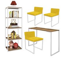 Kit Escritório Ravi 3 Cadeiras Suede Amarelo com 1 Mesa e 1 Livreiro Ferro Branco MDF Caramelo - Ahazzo Móveis