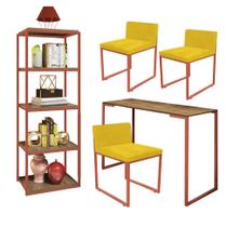 Kit Escritório Ravi 3 Cadeiras Suede Amarelo com 1 Mesa e 1 Livreiro Ferro Bronze MDF Imbuia - Ahazzo Móveis