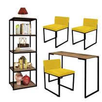 Kit Escritório Ravi 3 Cadeiras Suede Amarelo com 1 Mesa e 1 Livreiro Ferro Preto MDF Freijó - Ahazzo Móveis