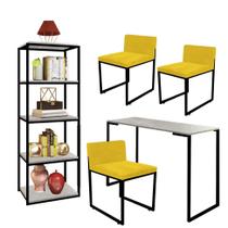 Kit Escritório Ravi 3 Cadeiras Suede Amarelo com 1 Mesa e 1 Livreiro Ferro Preto MDF Marmorizado Cinza - Ahazzo Móveis