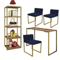 Kit Escritório Ravi 3 Cadeiras Suede Azul Marinho com 1 Mesa e 1 Livreiro Ferro Dourado MDF Caramelo - Ahazzo Móveis