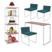 Kit Escritório Ravi 3 Cadeiras Suede Azul Turquesa com 1 Mesa e 1 Livreiro Ferro Branco MDF Rose Rosa - Ahazzo Móveis