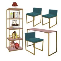 Kit Escritório Ravi 3 Cadeiras Suede Azul Turquesa com 1 Mesa e 1 Livreiro Ferro Dourado MDF Rose Rosa - Ahazzo Móveis