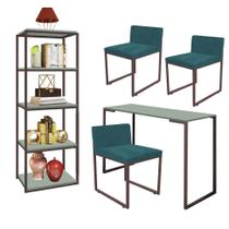 Kit Escritório Ravi 3 Cadeiras Suede Azul Turquesa com 1 Mesa e 1 Livreiro Ferro Marrom MDF Verde Oliva - Ahazzo Móveis