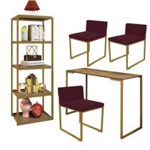 Kit Escritório Ravi 3 Cadeiras Suede Bordô com 1 Mesa e 1 Livreiro Ferro Dourado MDF Freijó - Ahazzo Móveis